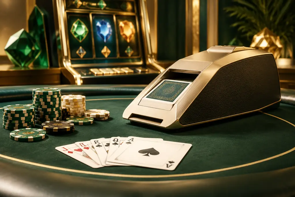 Perangkat meja kartu dan mesin slot dalam ruang pamer kasino