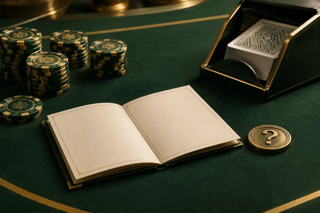 Buku panduan terbuka dan penanda pertanyaan di tepi meja kasino