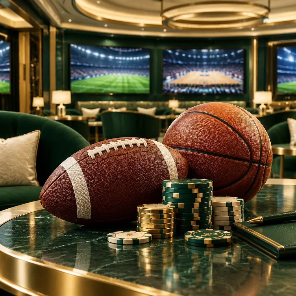 Bola sepak dan bola basket di depan layar ruang sportsbook kasino